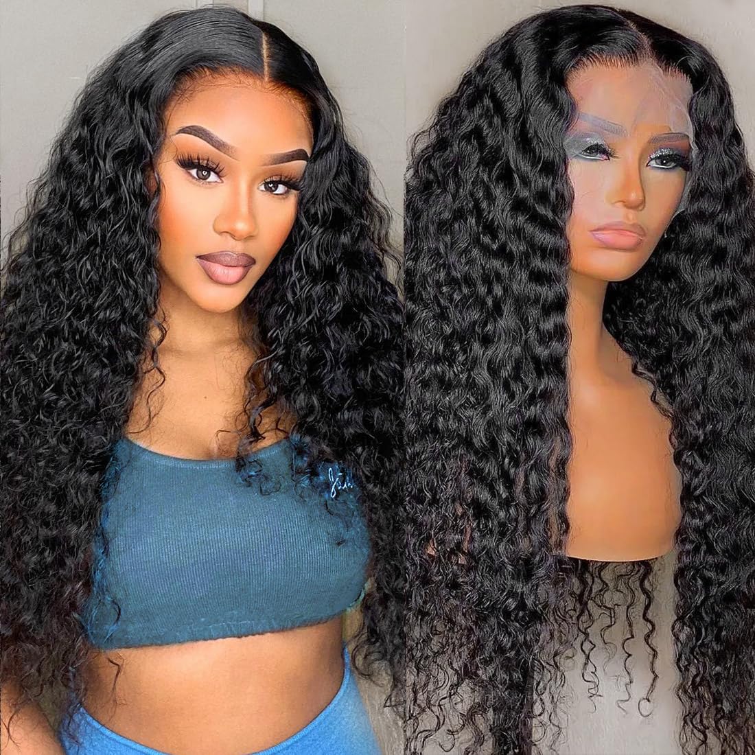 Sweetie 24 Inch Deep Wave Lace Front Wigs Human Hair 210% Density 13x4 HD Transparent Lace Frontal Wigs Deep Curly Human Hair Wig for Women 12A Deep Curly Wigs Human Hair Pre Plucked with Baby Hair